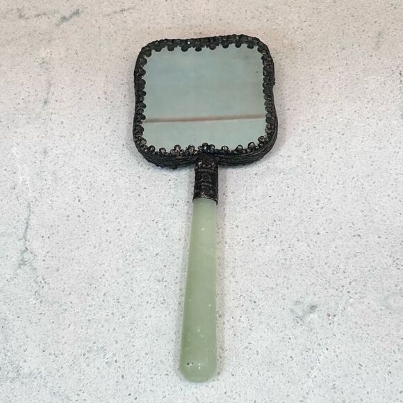 Vtg Chinese Hand Mirror Rounded Corner Squircle W/ Jade Handle & Porcelain Back - Picture 7 of 15